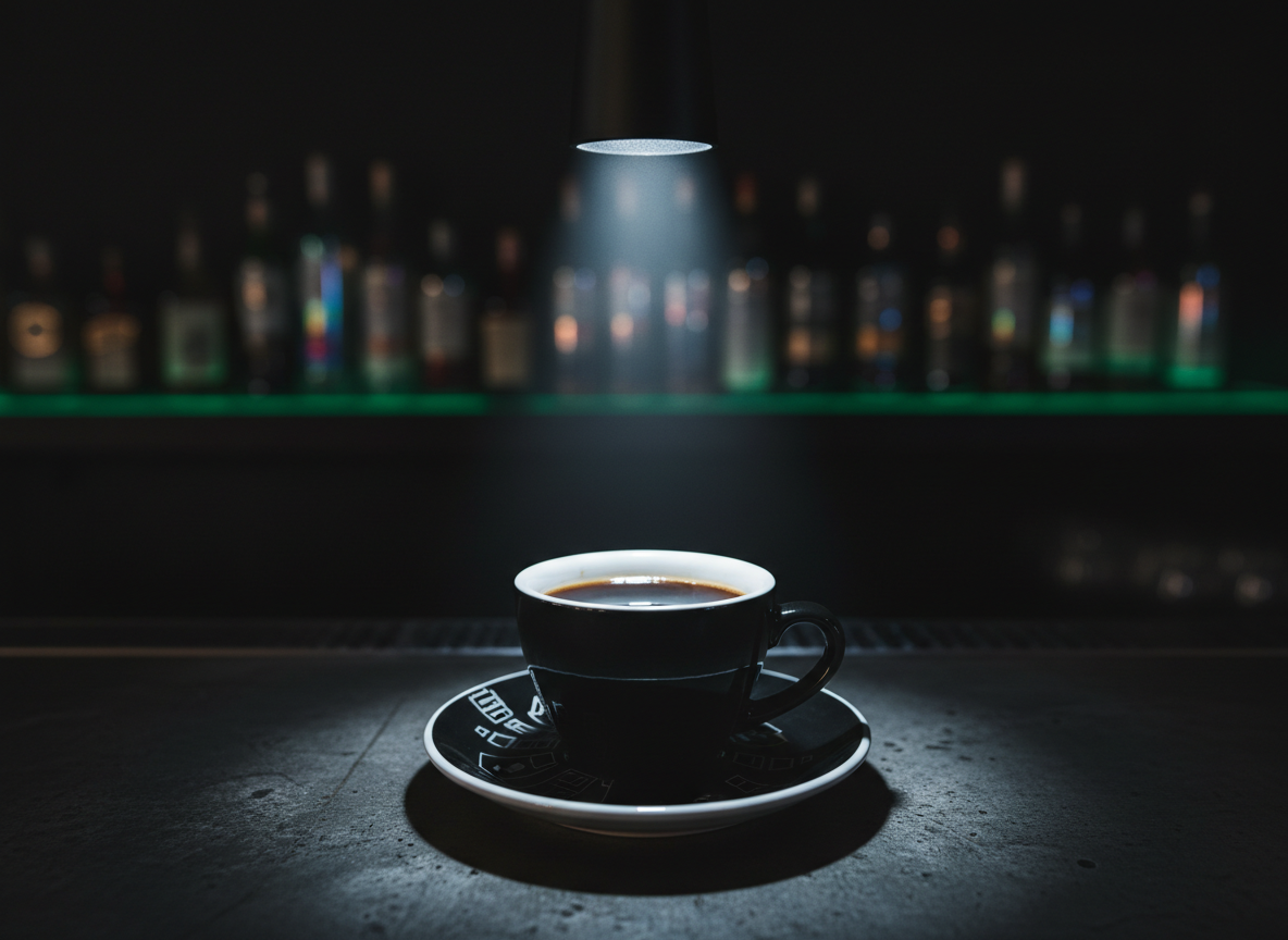 A glossy black porcelain espresso cup, filled with dense, almost inky coffee, sits on a matte charcoal saucer etched with subtle geometric patterns reminiscent of alien glyphs. The set rests on a dark concrete bar top illuminated by a single overhead pendant casting a focused cone of cool, cinematic light. In the blurred background, shelves of bottles with iridescent labels and faint neon green accents glow softly against a nearly black wall. Shot at eye level with shallow depth of field, the cup is in razor-sharp focus while the bar melts into velvety darkness, creating a mysterious, sophisticated, and slightly otherworldly atmosphere, perfect for a unique dark-themed café bar.