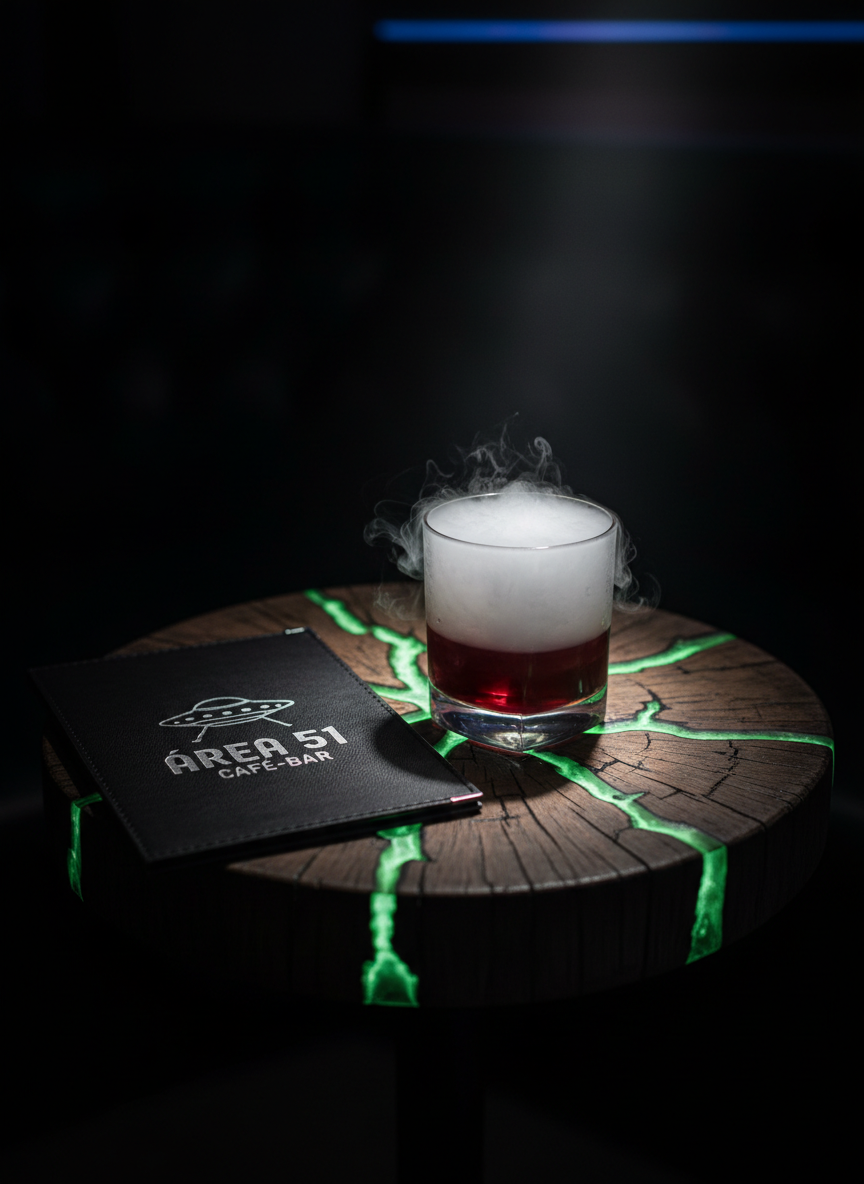 A small, round table made of burnt wood with a cracked, resin-filled surface that glows faintly green from within, suggesting alien circuitry beneath. On it rests a heavy, square glass filled with a layered drink: deep crimson at the bottom fading to smoky gray at the top, tendrils of vapor curling over the rim. Beside it lies a black leather menu embossed with metallic silver Área 51 Café-Bar typography and a minimalist UFO emblem. A single, angled spotlight from above creates intense highlights and deep, cinematic shadows, while the background remains nearly pitch-black with just hints of out-of-focus neon. Framed using the rule of thirds with a shallow depth of field, the atmosphere feels secretive, experimental, and otherworldly.