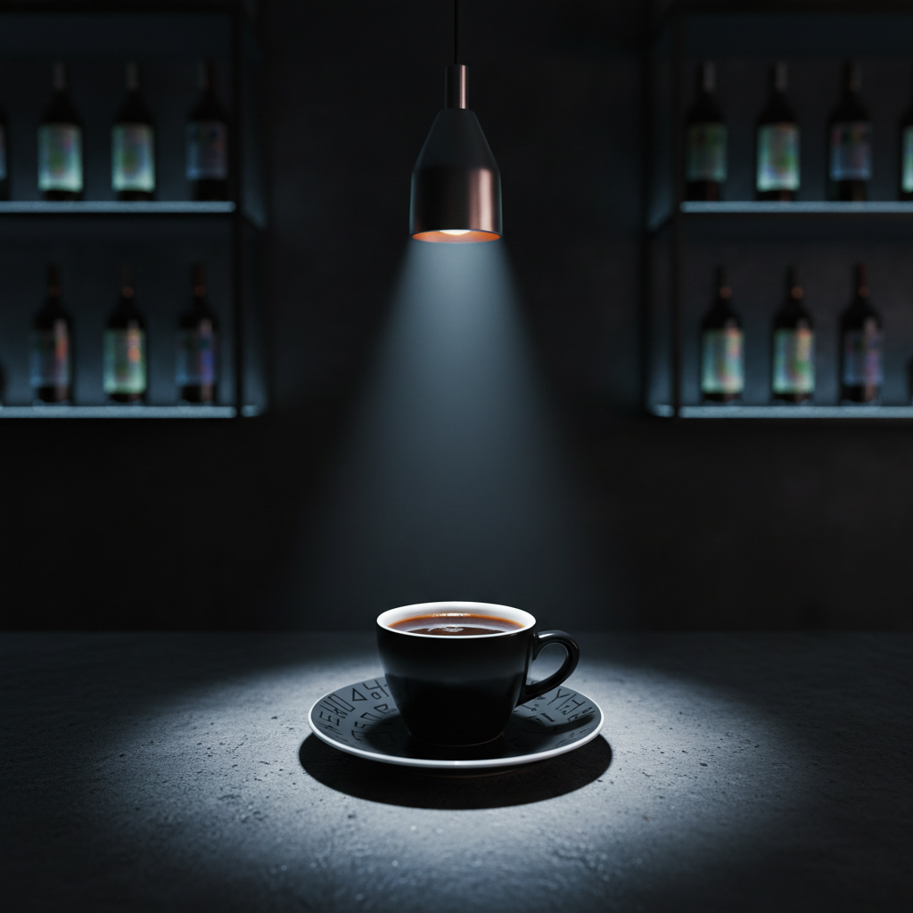 A glossy black porcelain espresso cup, filled with dense, almost inky coffee, sits on a matte charcoal saucer etched with subtle geometric patterns reminiscent of alien glyphs. The set rests on a dark concrete bar top illuminated by a single overhead pendant casting a focused cone of cool, cinematic light. In the blurred background, shelves of bottles with iridescent labels and faint neon green accents glow softly against a nearly black wall. Shot at eye level with shallow depth of field, the cup is in razor-sharp focus while the bar melts into velvety darkness, creating a mysterious, sophisticated, and slightly otherworldly atmosphere, perfect for a unique dark-themed café bar.