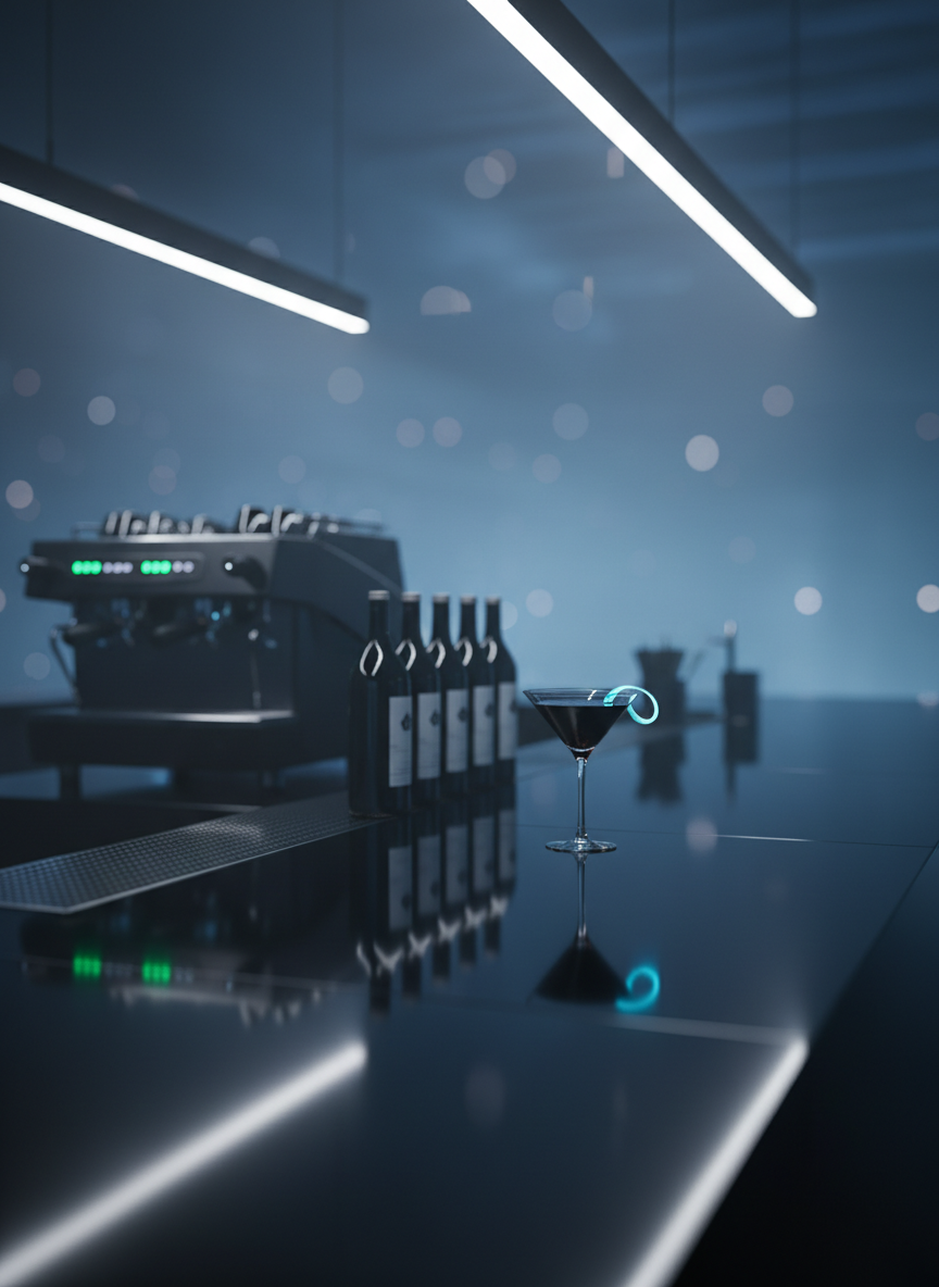 A sleek, obsidian-toned bar counter stretches into the distance, its surface a mirror-like reflection of carefully arranged elements: a matte black espresso machine with glowing green indicators, a row of dark glass bottles with minimalist labels, and a single martini glass filled with a midnight-black cocktail crowned with a neon-blue twist of citrus peel. Overhead, linear LED strips emit a dim, cold white glow, forming sharp highlights and long, dramatic shadows. The background dissolves into a smoky, bluish haze with subtle bokeh from hidden accent lights. Shot from a slightly elevated three-quarter angle in a cinematic, photorealistic style, the mood is moody, futuristic, and intriguingly elegant, showcasing the café bar’s dark, unique personality.