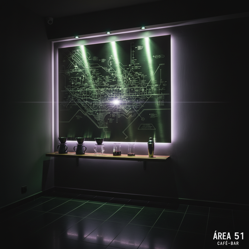 A dimly lit interior corner of Área 51 Café-Bar featuring a striking wall installation: a large, brushed steel panel engraved with a topographic map of a desert test site, illuminated from behind by pulsing green and violet LEDs. Below, a narrow floating shelf of dark-stained wood holds a careful arrangement of black ceramic coffee drippers, laboratory-style glass beakers, and a single metallic shaker, all catching thin slivers of light. The floor is polished black stone, subtly reflecting the glowing wall. Captured in a wide, cinematic frame with moderate depth of field and slight lens flare, the mood is enigmatic, high-tech, and immersive, reinforcing the café bar’s theme as a dark refuge for unique, curious minds.