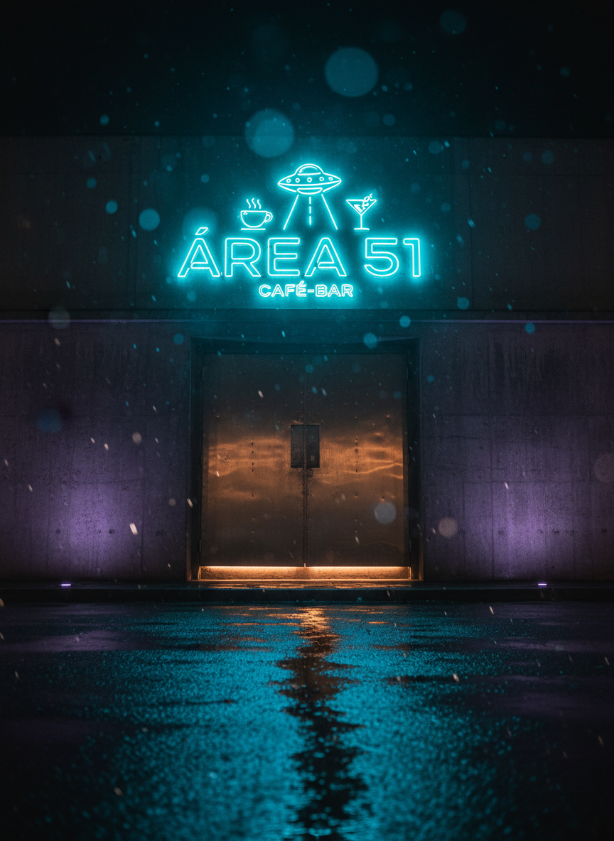 A wide shot of Área 51 Café-Bar’s entrance: a heavy, brushed metal door inset into a dark, textured concrete facade, the logo glowing in eerie cyan neon above. The sign features a stylized UFO hovering over minimalist coffee and cocktail icons. Faint purple accent lights wash the lower wall, while a narrow strip of warm light leaks from under the door, hinting at activity within. Wet pavement reflects the neon, adding depth and cinematic shine. Captured from a low angle, with rain-speckled lens effects and deep shadows in the corners, the scene feels enigmatic, exclusive, and tailored for unique night owls seeking a different kind of café bar experience.